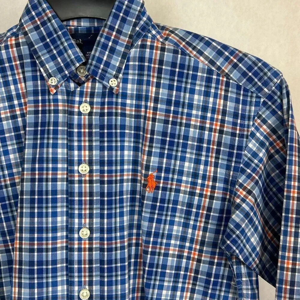 Ralph Lauren Boys Button Down Shirt Sz Small 8-10 Blue Plaid Long Sleeve